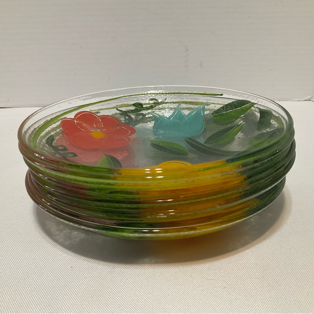 Vintage Reverse Hand-Painted Flowers Textured Glass Plate Made in Italy 8 Inch - Picture 3 of 6